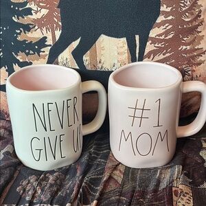 Set of 2 Rae Dunn Style Pink Interior Mugs - "Never Give Up" & "#1 Mom"